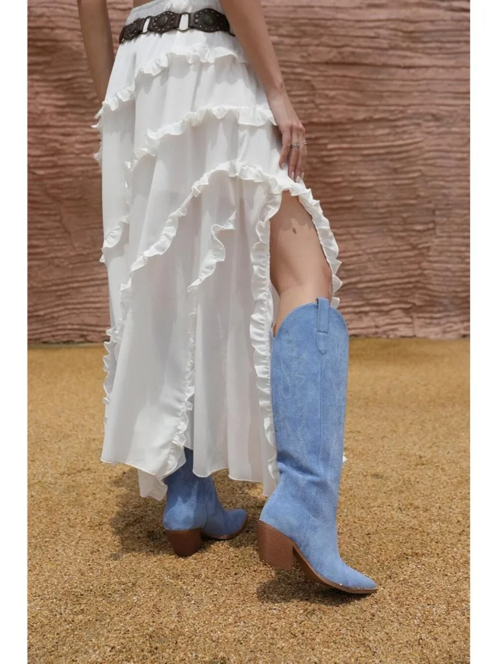 Women's Blue Pointed Toe Faux Leather Block Heel Heel Over The Knee Boots